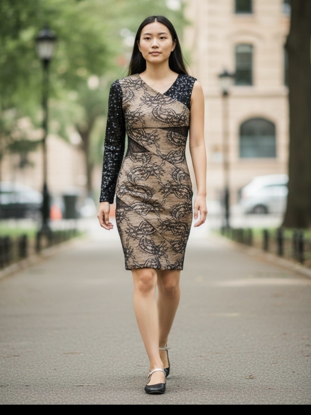 Bebe Addiction One Shoulder Lace Sequin Cocktail Dress XS Black